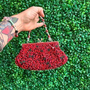 Stephanie Vintage Beaded Embroidered Evening Bag Dark Red Burgundy Roses